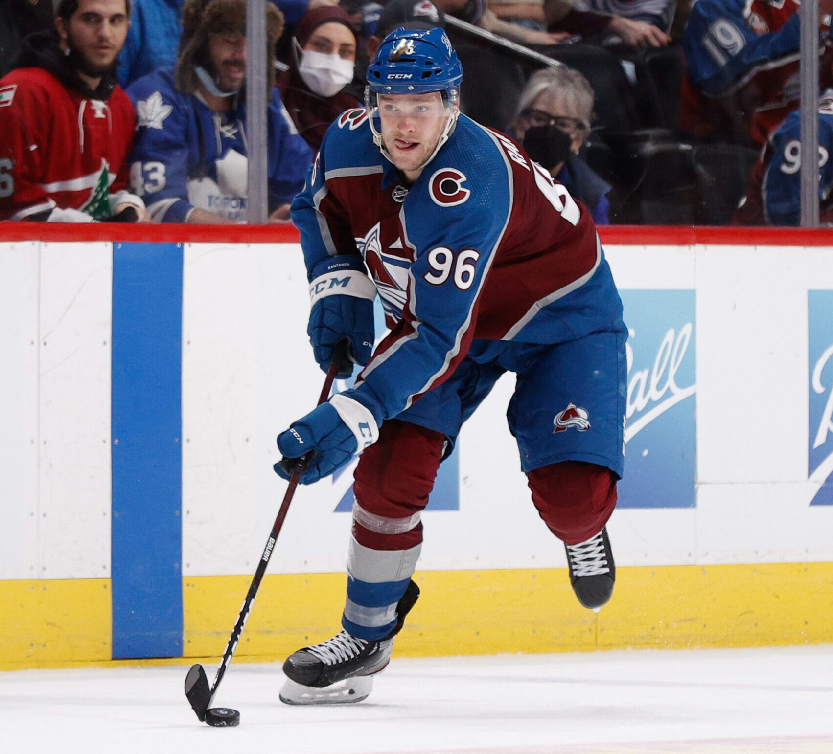 Colorado Avalanche right wing Mikko Rantanen controls the puck in overtime against the Toronto Maple Leafs