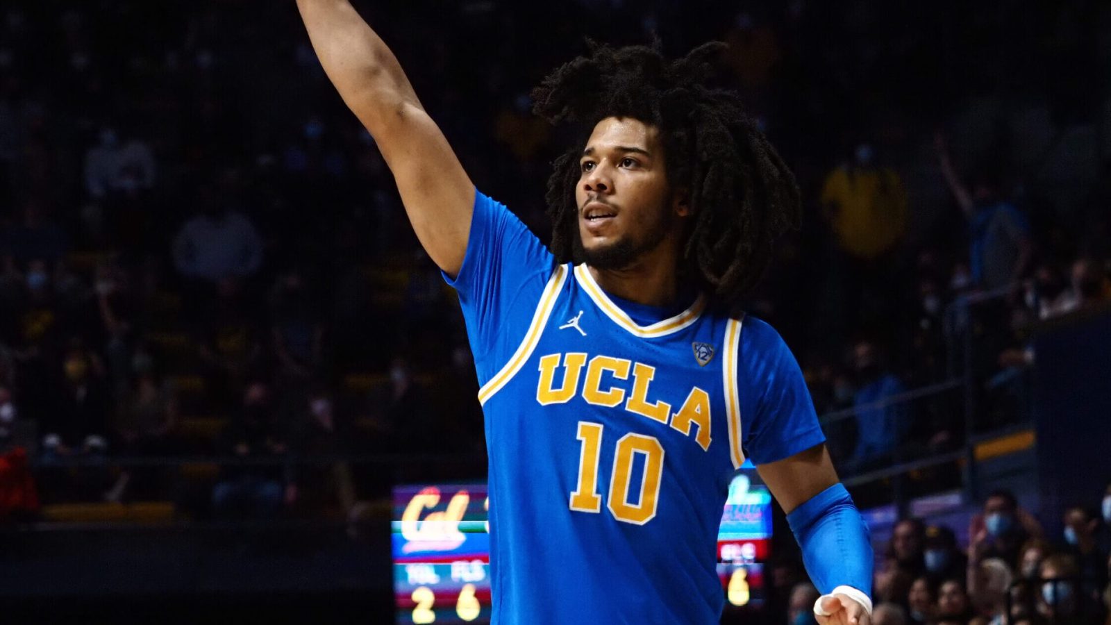 UCLA Bruins guard Tyger Campbell follows through on a three-point basket against the California Golden Bears