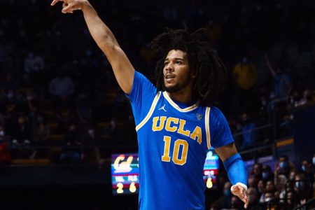 UCLA Bruins guard Tyger Campbell follows through on a three-point basket against the California Golden Bears