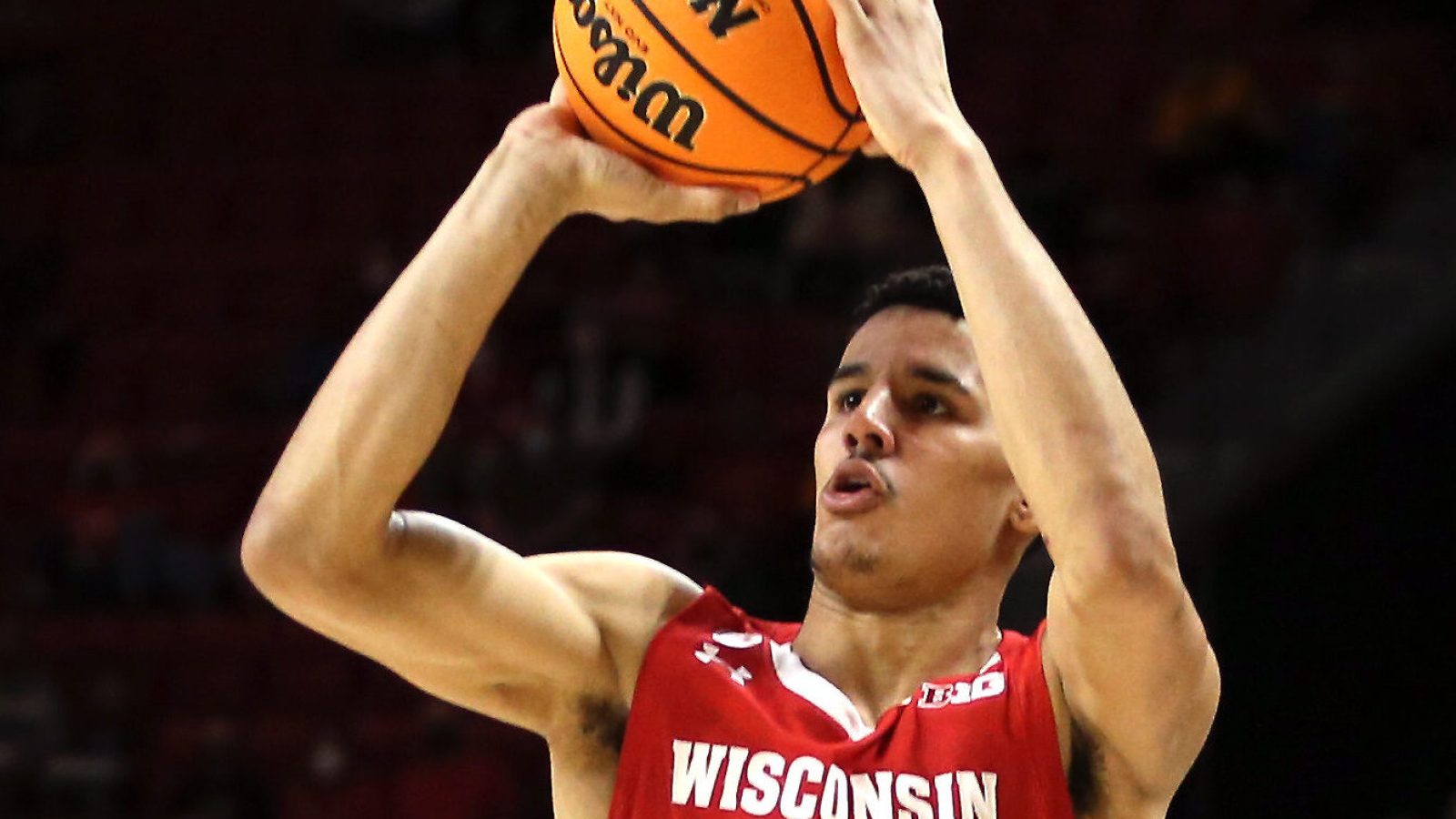 Wisconsin Badgers guard Johnny Davis takes a shot against the Maryland Terrapins during the first half of a Big Ten basketball game.