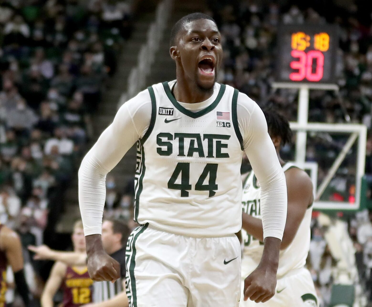 Michigan State Spartans forward Gabe Brown reacts after being fouled during second half action against the Minnesota Golden Gophers