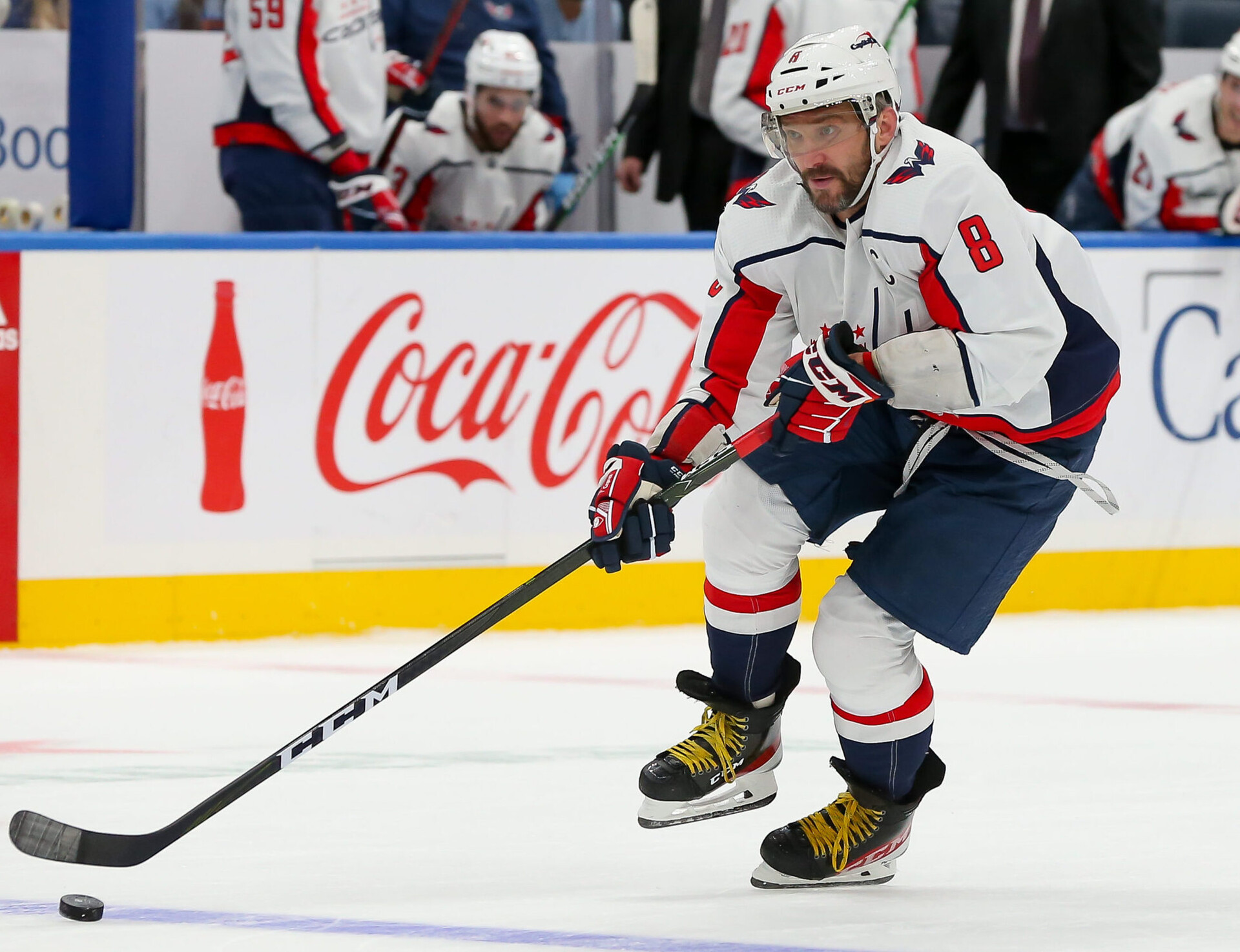 Washington Capitals left wing Alexander Ovechkin controls the puck during action against the New York Islanders