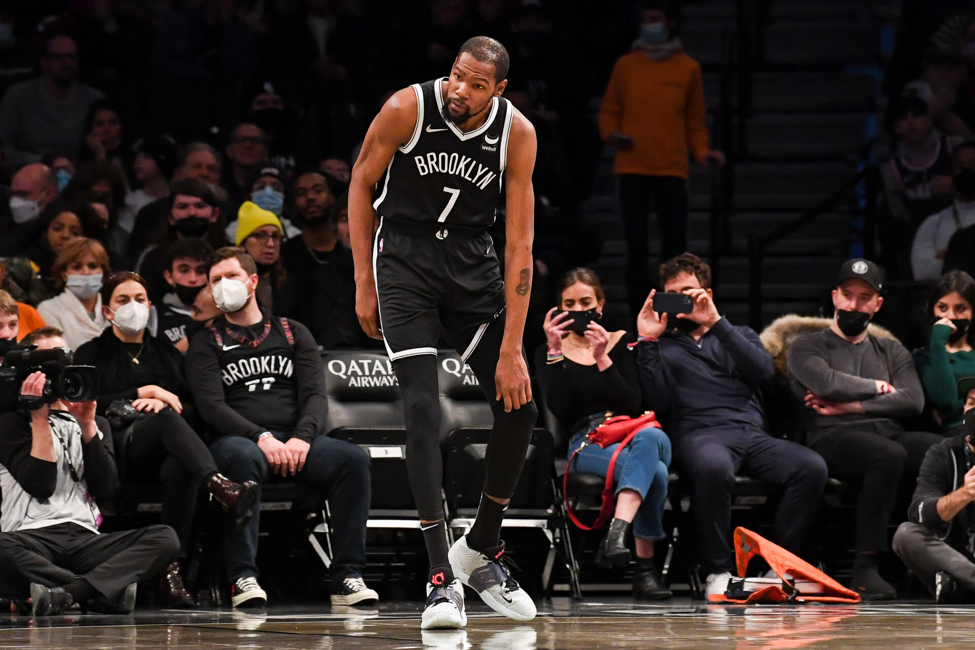 Brooklyn Nets forward Kevin Durant (7) holds his knee after a collision against the New Orleans Pelicans during the second quarter at Barclays Center.