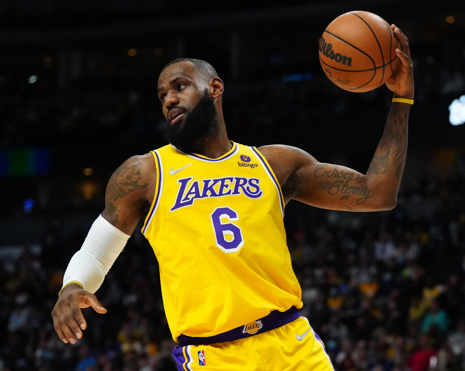 Los Angeles Lakers forward LeBron James grabs a rebound in the first quarter against the Denver Nuggets
