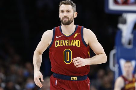 Cleveland Cavaliers forward Kevin Love (runs down the court after scoring against the Oklahoma City Thunder