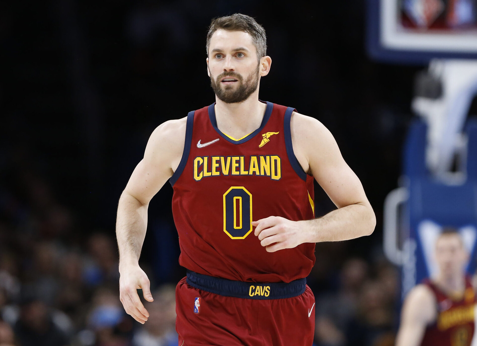 Cleveland Cavaliers forward Kevin Love (runs down the court after scoring against the Oklahoma City Thunder