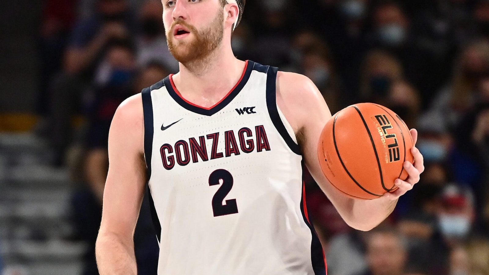 Gonzaga Bulldogs forward Drew Timme brings the ball down court against the Brigham Young Cougars