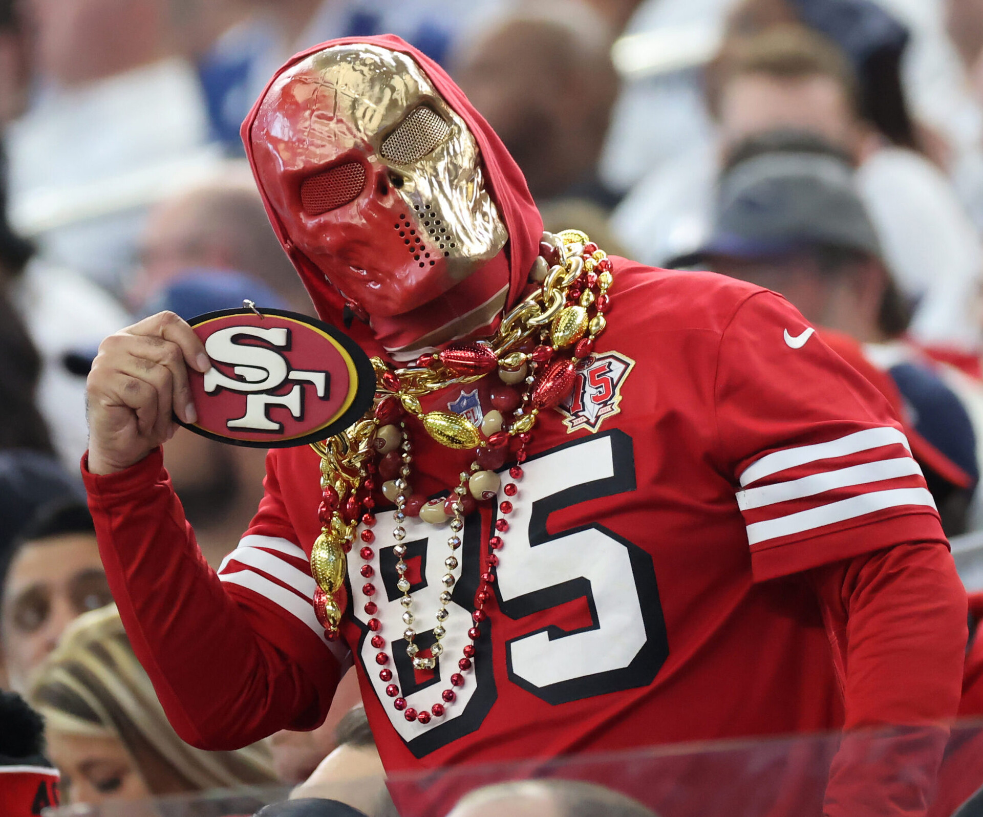 NFL Conference Championship betting trends - Jan 16, 2022; Arlington, Texas, USA; A San Francisco 49ers fans in costume in the stands during the first half of the NFC Wild Card playoff football game between the Dallas Cowboys and the San Francisco 49ers at AT&T Stadium.