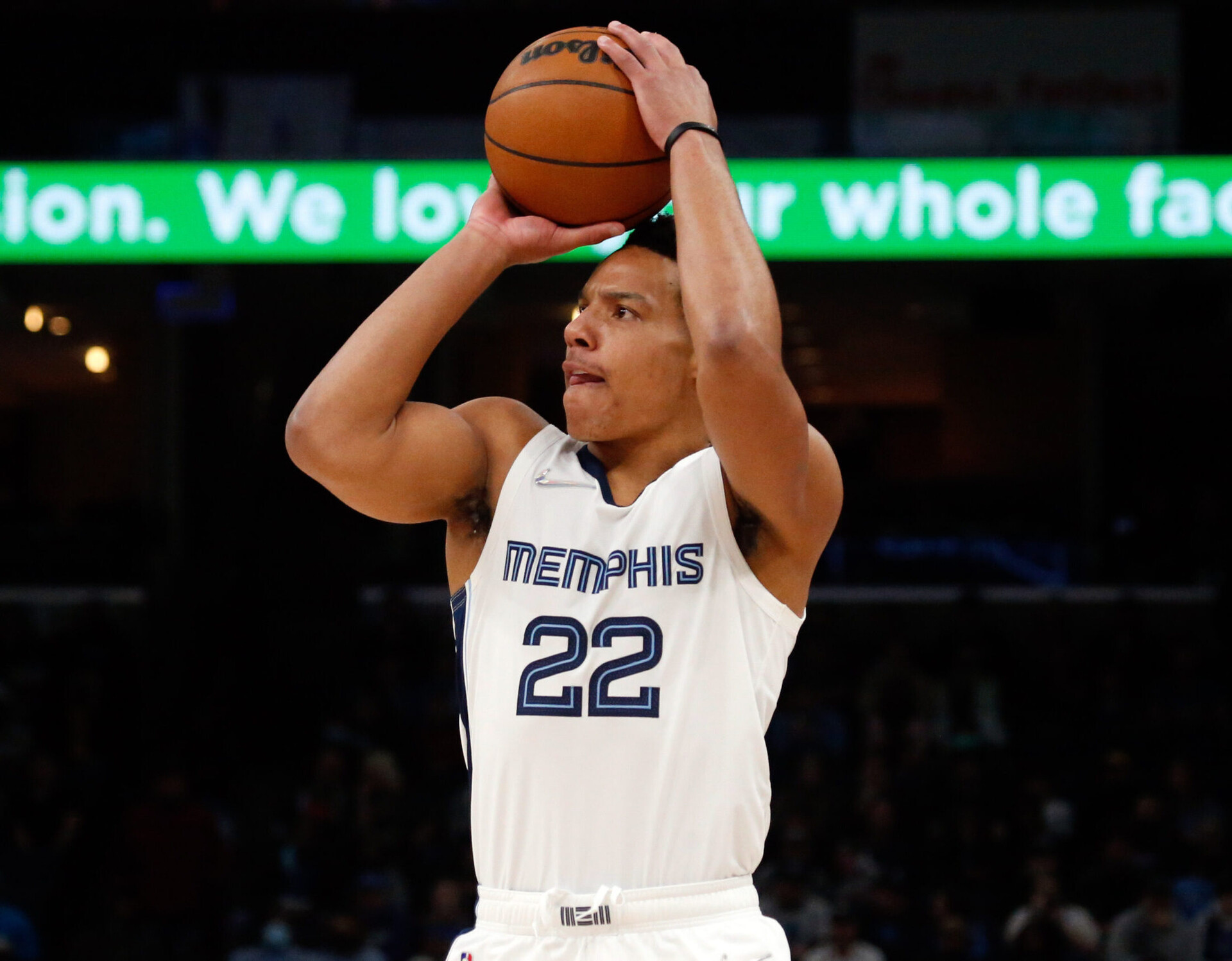 Memphis Grizzles guard Desmond Bane shoots a 3-pointeragainst the Dallas Mavericks