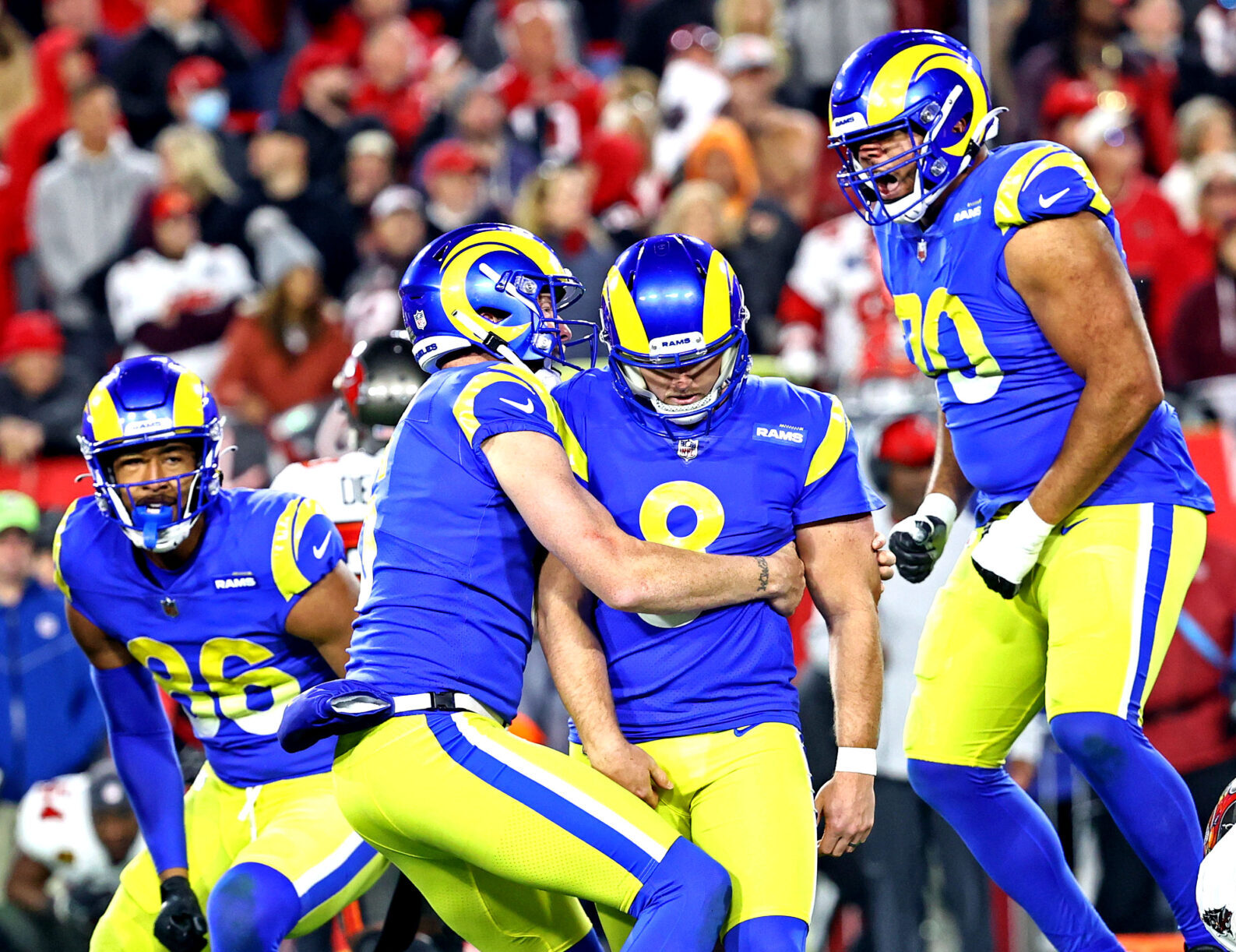 Jan 23, 2022; Tampa, Florida, USA; The Rams celebrate beating the Buccaneers in an NFC Divisional playoff football game at Raymond James Stadium. Mandatory Credit: Kim Klement-USA TODAY Sports