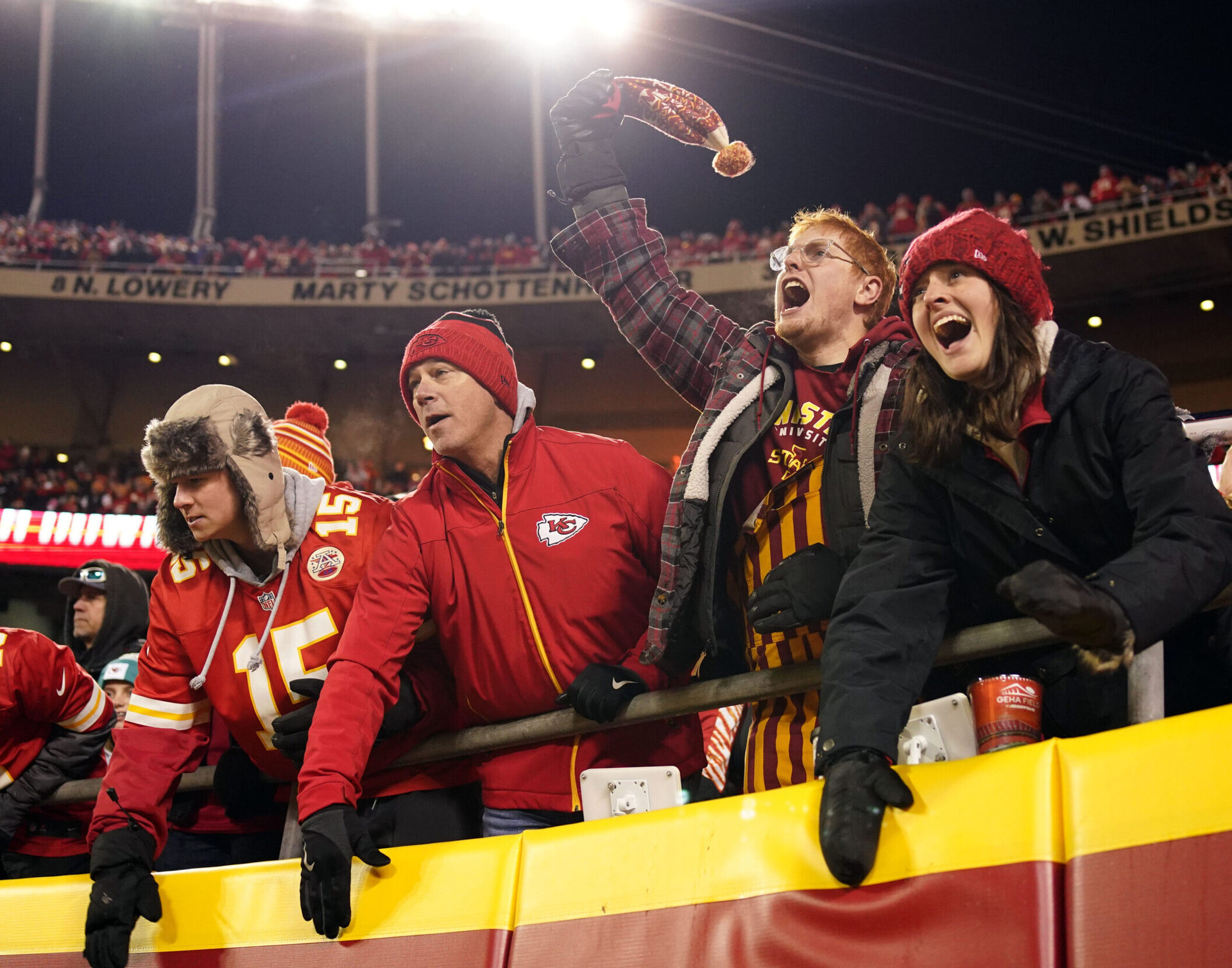Jan 23, 2022; Kansas City, Missouri, USA; Kansas City Chiefs fans cheer on their team against the Buffalo Bills during the second half of the AFC Divisional playoff football game at GEHA Field at Arrowhead Stadium.