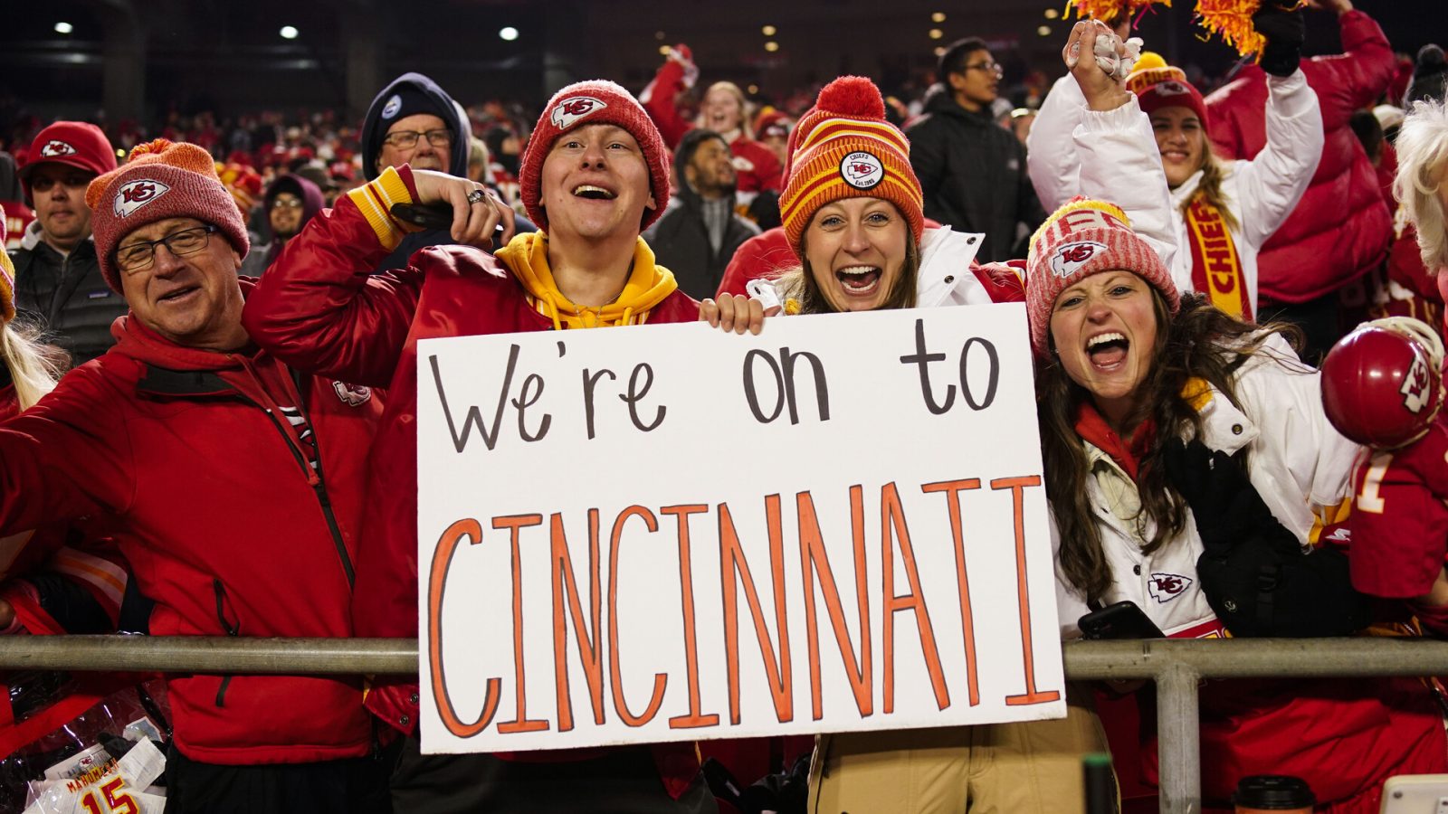Kansas City Chiefs fans celebrate following their team's overtime win against the Buffalo Bills in the AFC Divisional playoffs