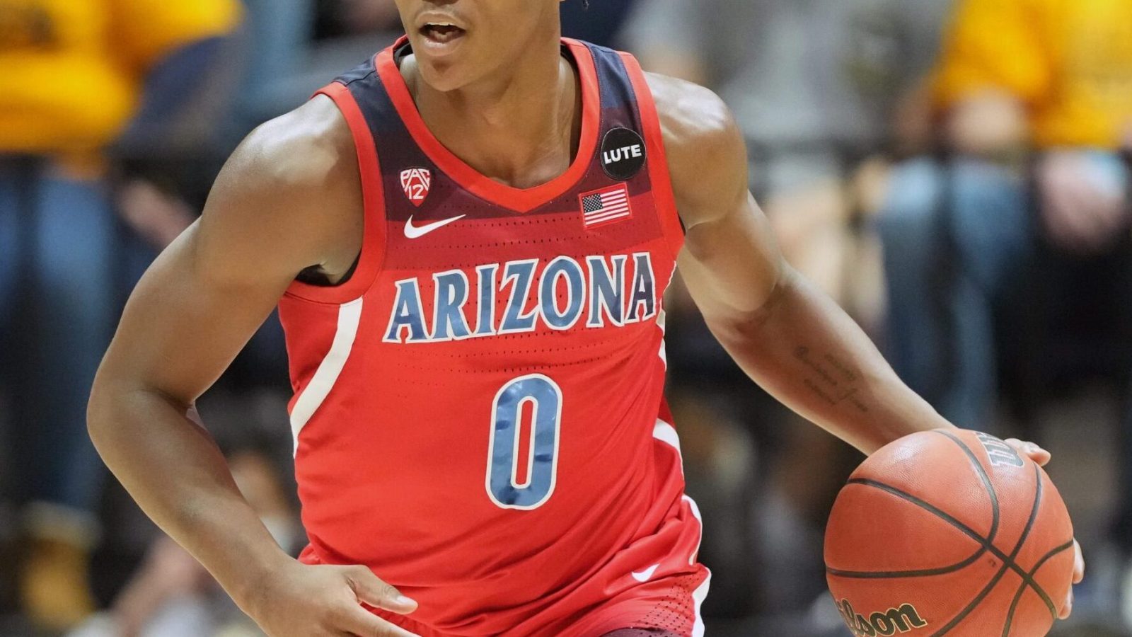 Arizona Wildcats guard Bennedict Mathurin dribbles the basketball during a Pac-12 game against the California Golden Bears