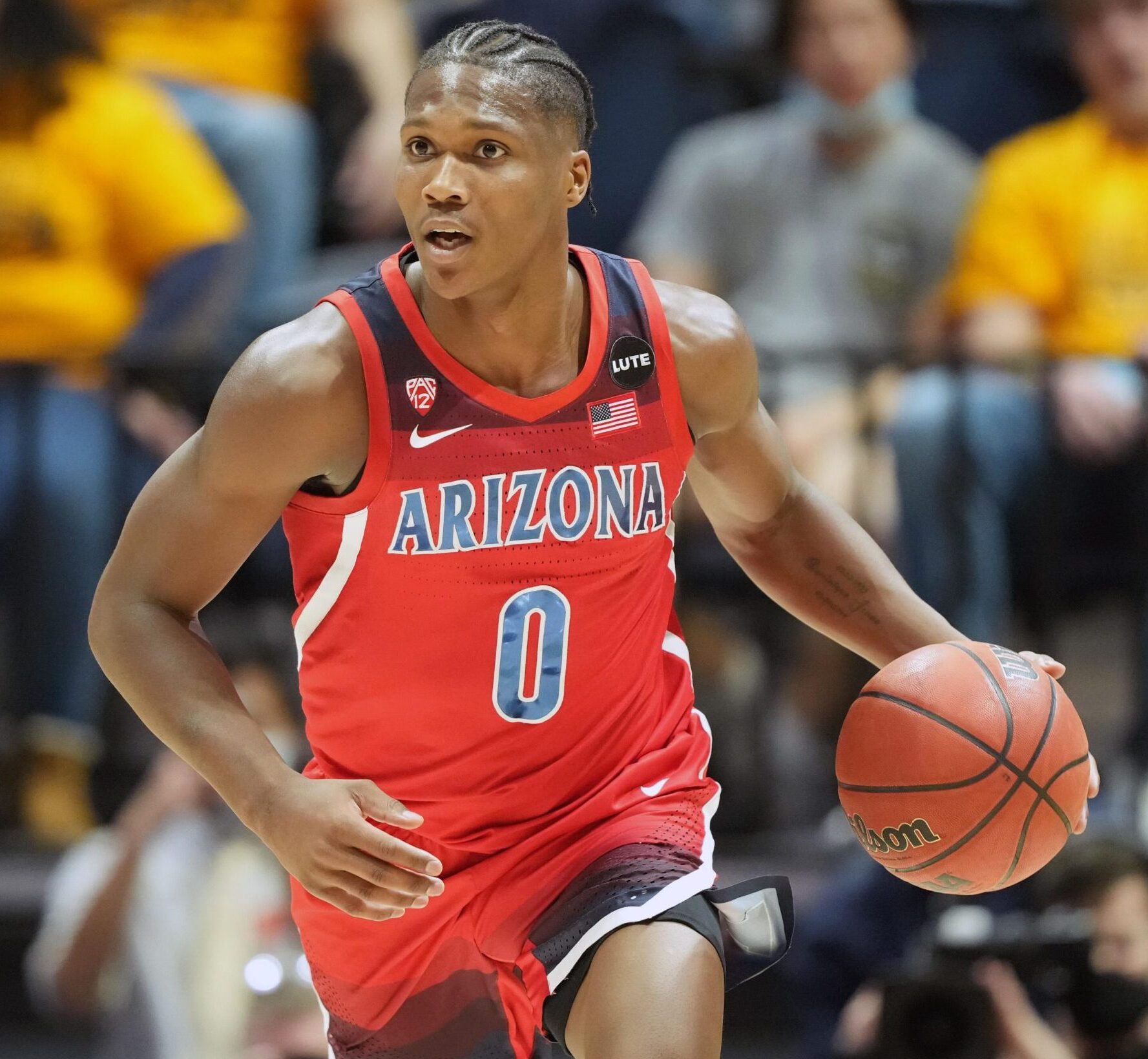 Arizona Wildcats guard Bennedict Mathurin dribbles the basketball during a Pac-12 game against the California Golden Bears