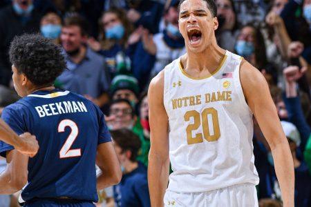 Notre Dame Fighting Irish forward Paul Atkinson Jr. reacts after making a basket in the first half against the Virginia Cavaliers