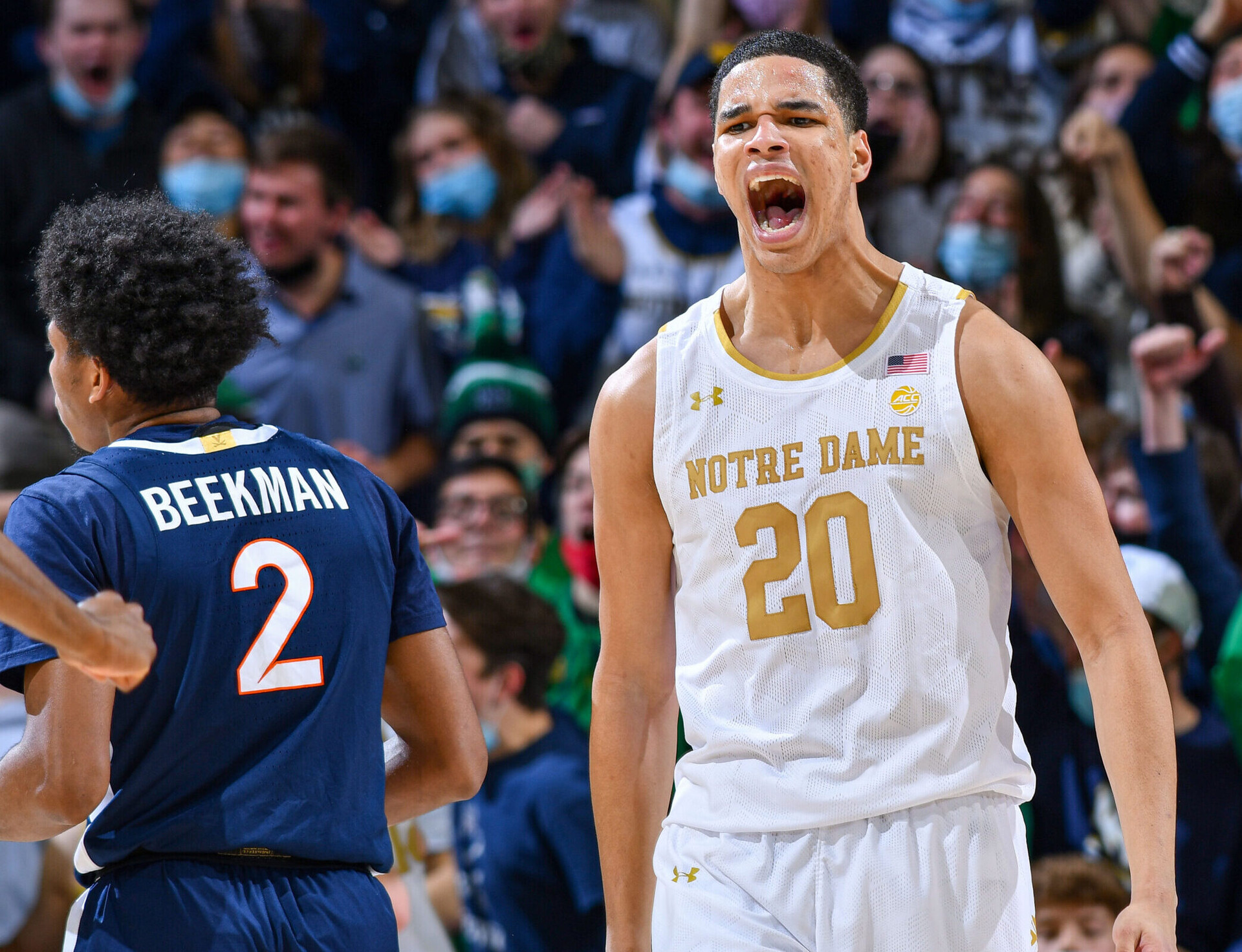 Notre Dame Fighting Irish forward Paul Atkinson Jr. reacts after making a basket in the first half against the Virginia Cavaliers