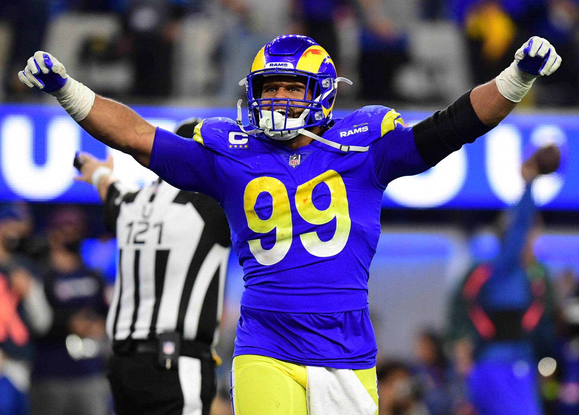 Jan 30, 2022; Inglewood, California, USA; Los Angeles Rams defensive end Aaron Donald (99) celebrates in the fourth quarter during the NFC Championship Game against the San Francisco 49ers at SoFi Stadium. Mandatory Credit: Gary A. Vasquez-USA TODAY Sports