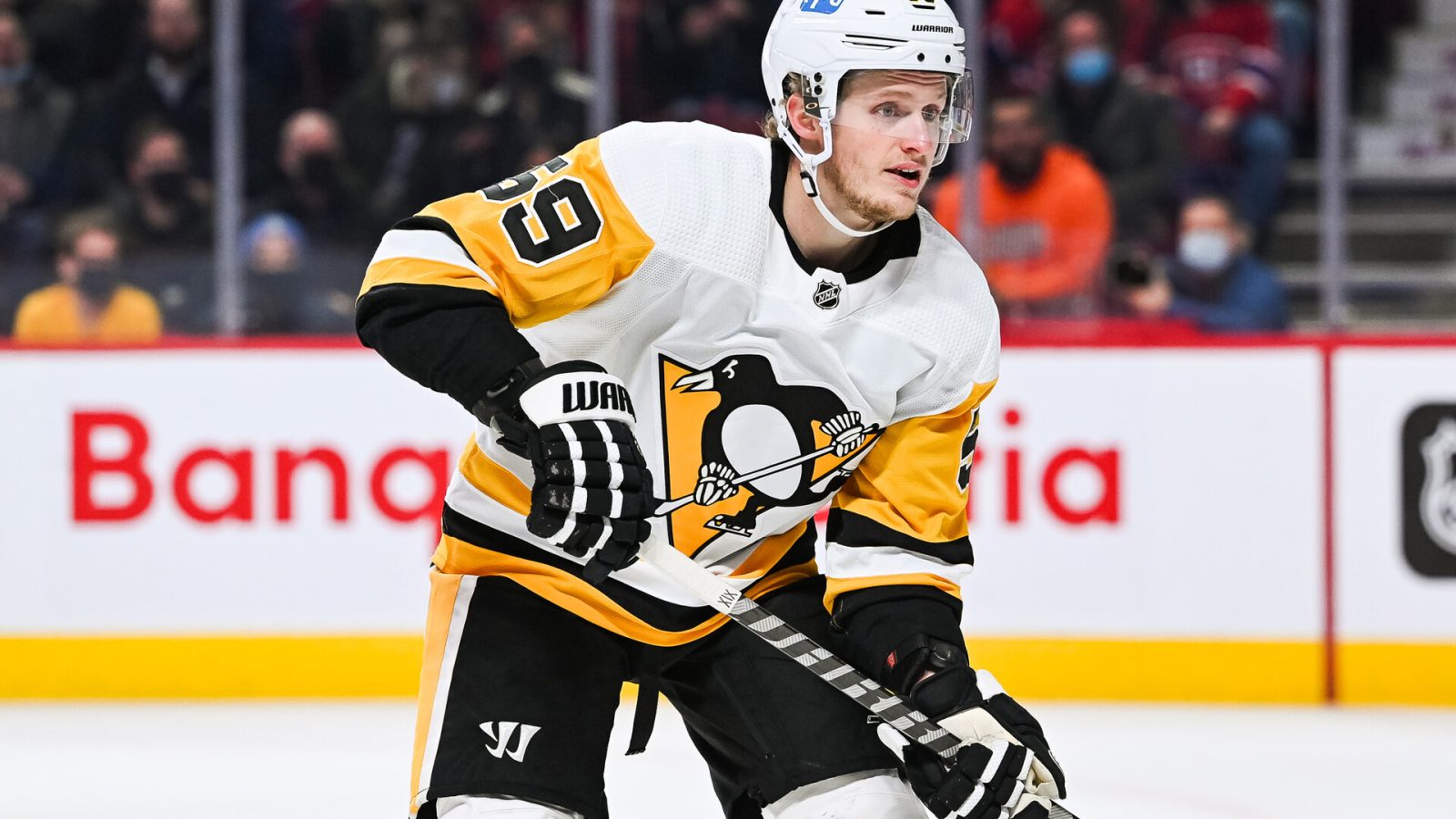 look on Pittsburgh Penguins left wing Jake Guentzel (59) during the Pittsburgh Penguins versus the Montreal Canadiens game on November 18, 2021, at Bell Centre in Montreal, QC
