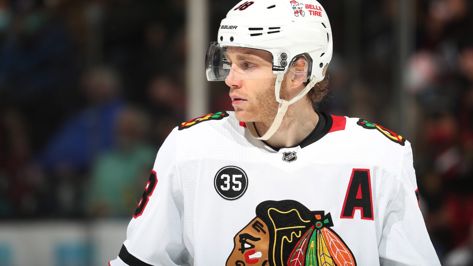 Patrick Kane #88 of the Chicago Blackhawks looks on during a break in the action against the Colorado Avalanche at Ball Arena on January 24, 2022 in Denver, Colorado.