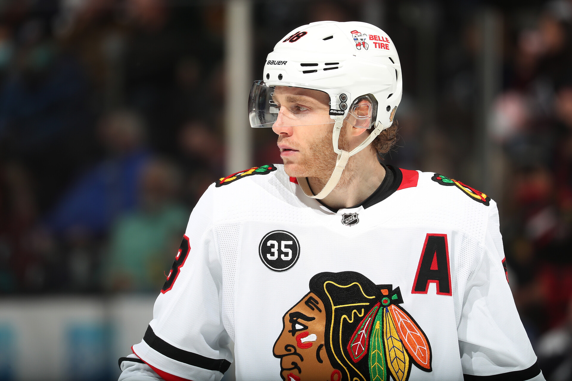 Patrick Kane #88 of the Chicago Blackhawks looks on during a break in the action against the Colorado Avalanche at Ball Arena on January 24, 2022 in Denver, Colorado.