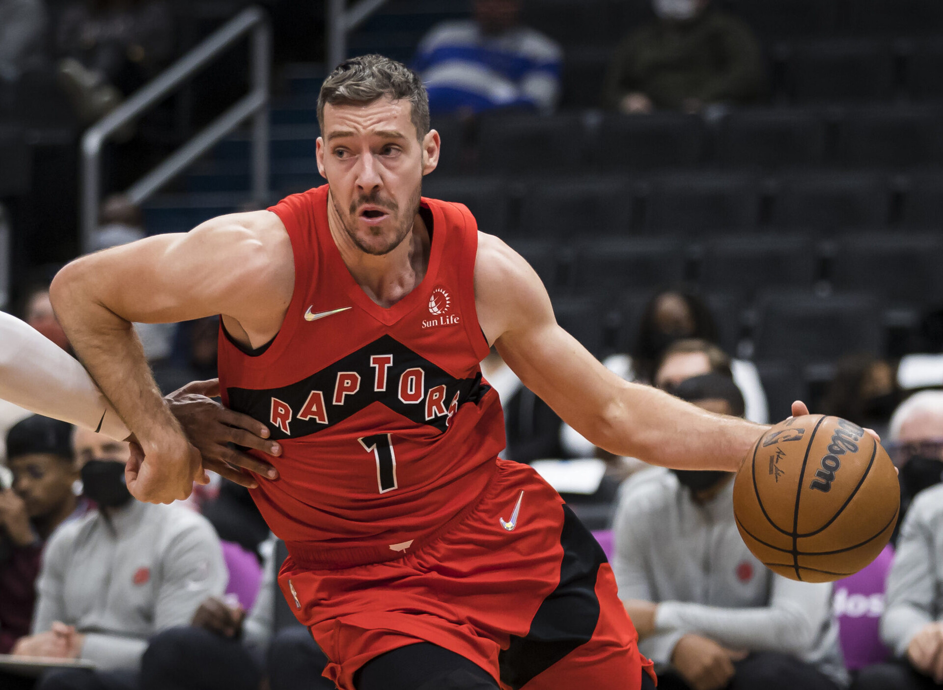 Goran Dragic #1 of the Toronto Raptors drives to the basket against the Washington Wizards during the first half at Capital One Arena on October 12, 2021 in Washington, DC.