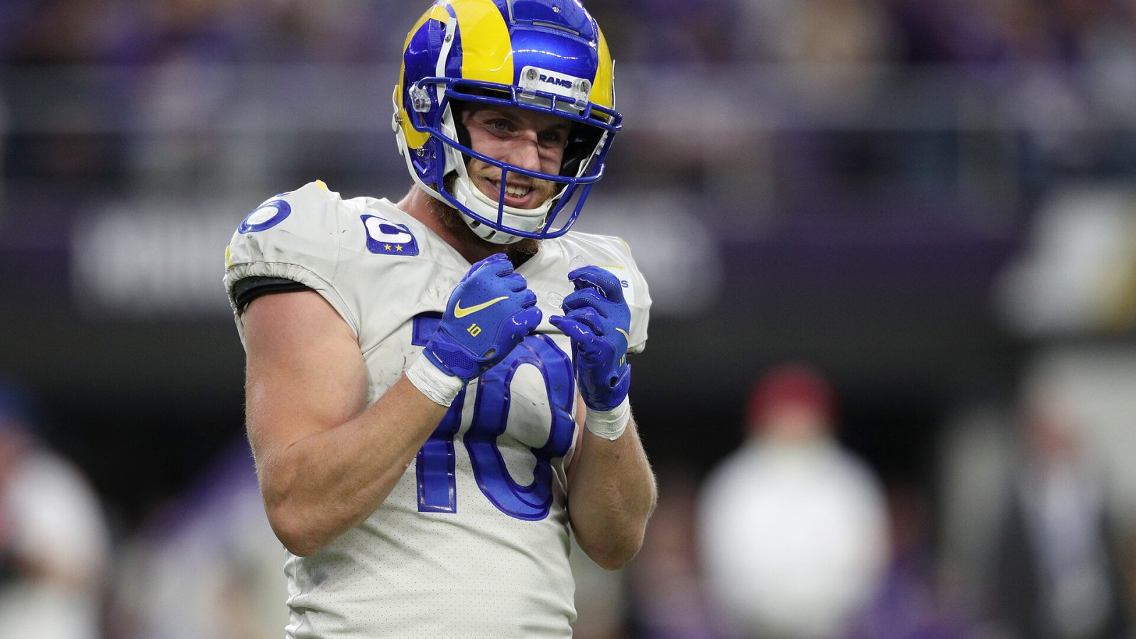 Cooper Kupp #10 of the Los Angeles Rams reacts after fielding a punt in the third quarter against the Minnesota Vikings at U.S. Bank Stadium on December 26, 2021 in Minneapolis, Minnesota.