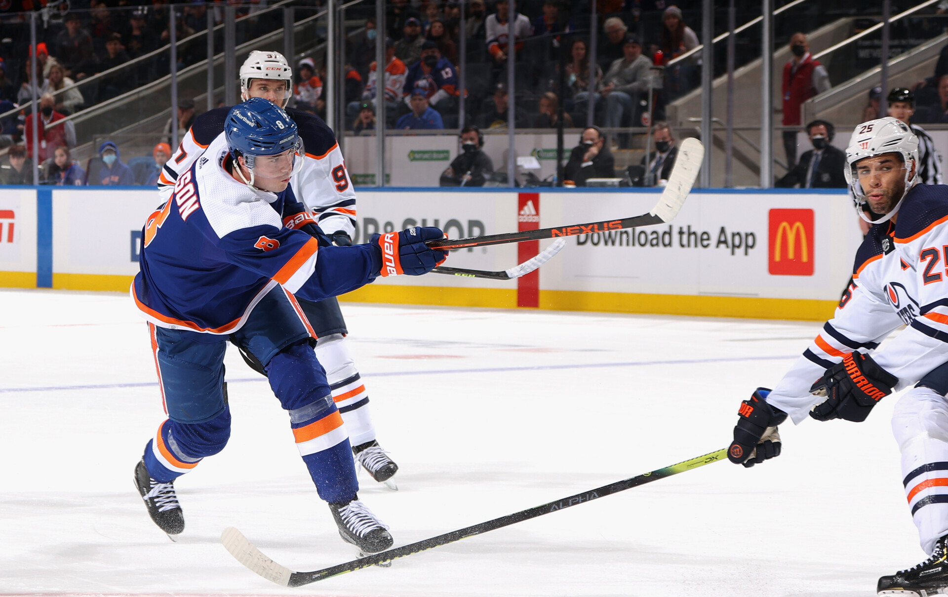 Noah Dobson #8 of the New York Islanders scores at 3:52 of overtime against the Edmonton Oilers at the UBS Arena on January 01, 2022 in Elmont, New York. The Islanders defeated the Oilers 3-2 in overtime.