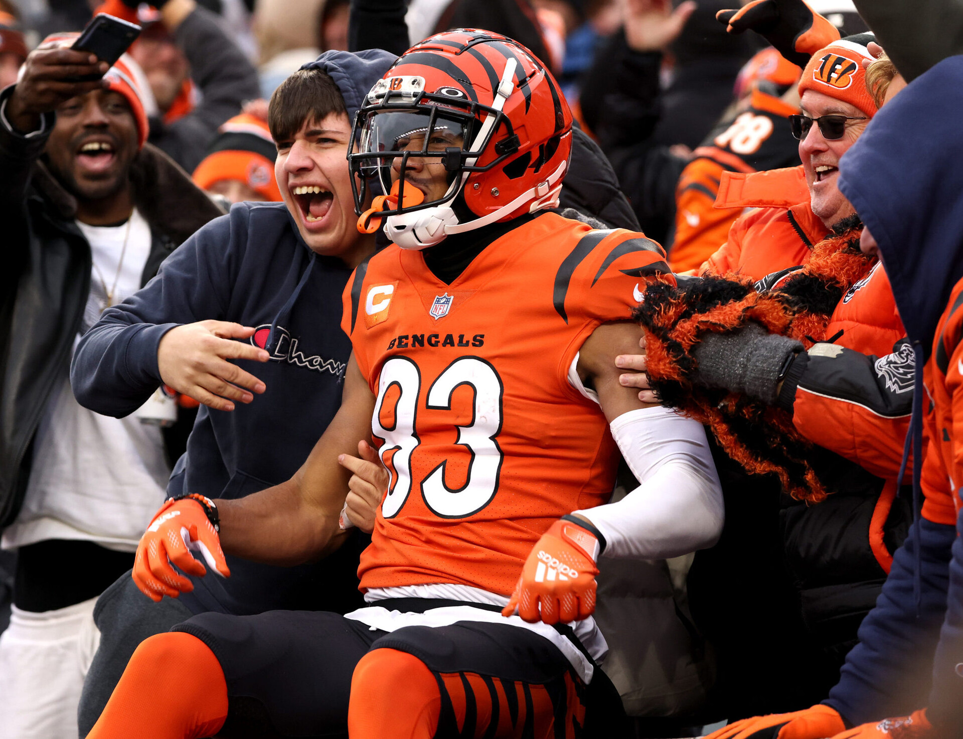 Cincinnati Bengals wide receiver Tyler Boyd celebrates with Bengals fans after a touchdown in the fourth quarter of the game against the Kansas City Chiefs
