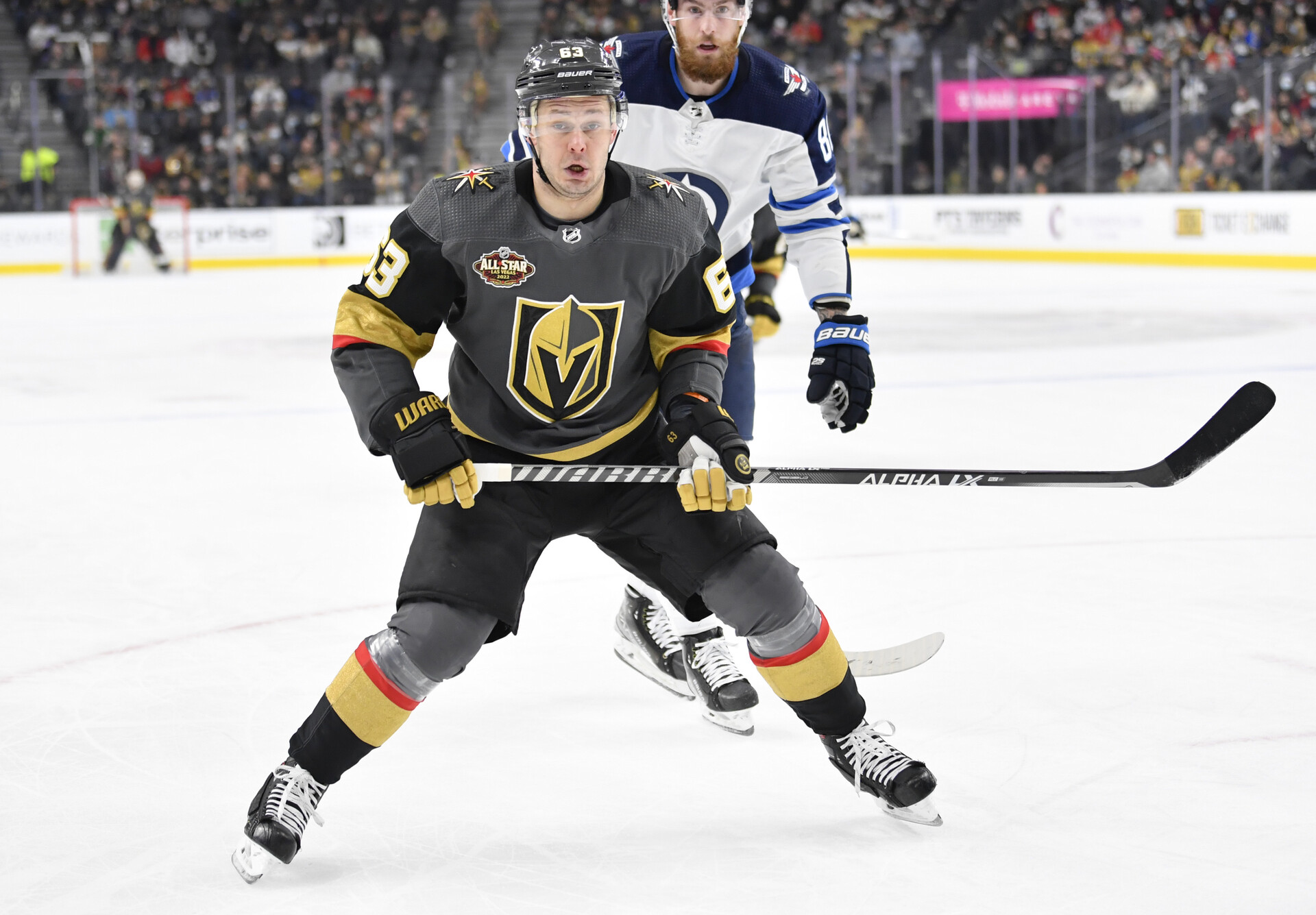 Evgenii Dadonov #63 of the Vegas Golden Knights skates during the first period of a game against the Winnipeg Jets at T-Mobile Arena on January 02, 2022 in Las Vegas, Nevada.