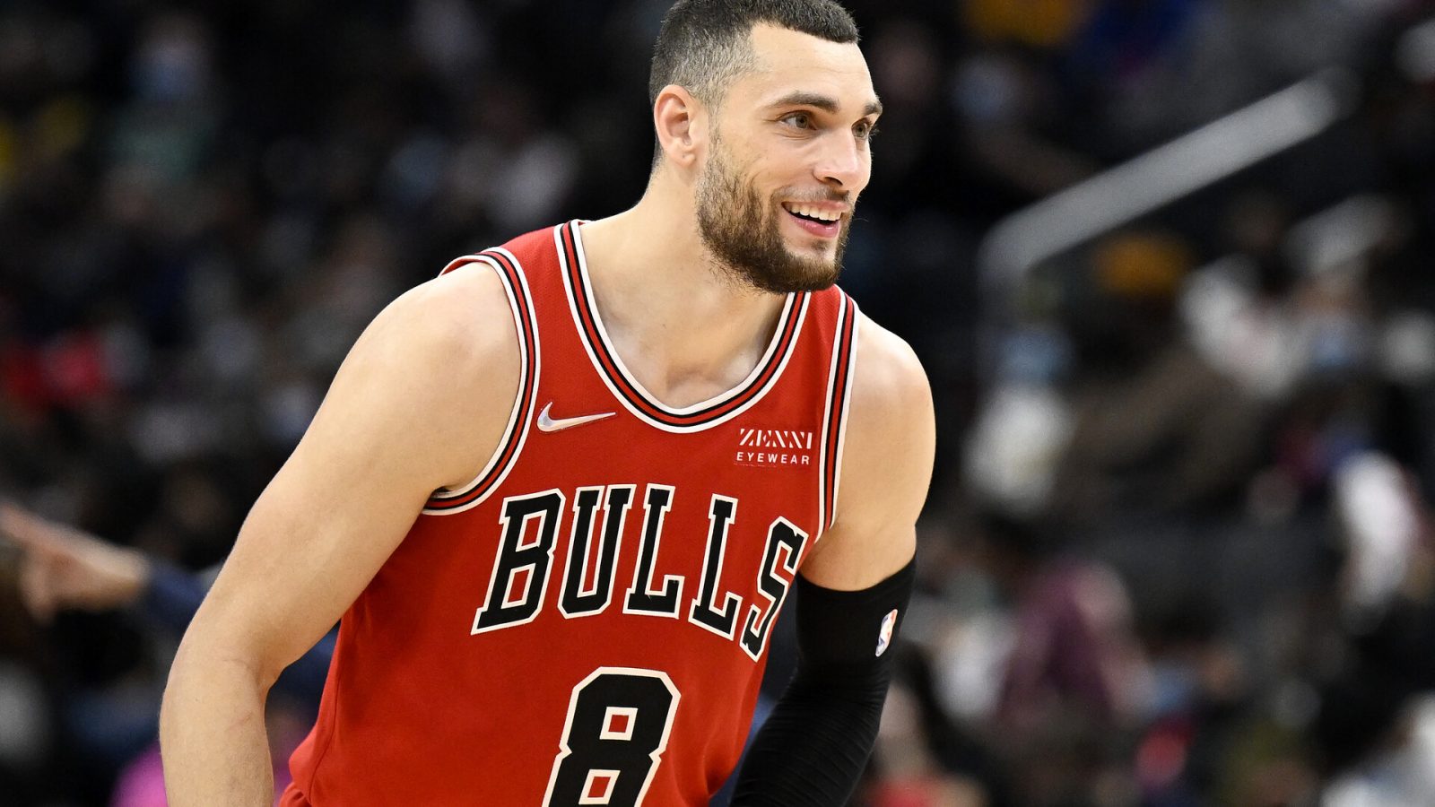 Zach LaVine #8 of the Chicago Bulls rests during a break in the game against the Washington Wizards at Capital One Arena on January 01, 2022 in Washington, DC.