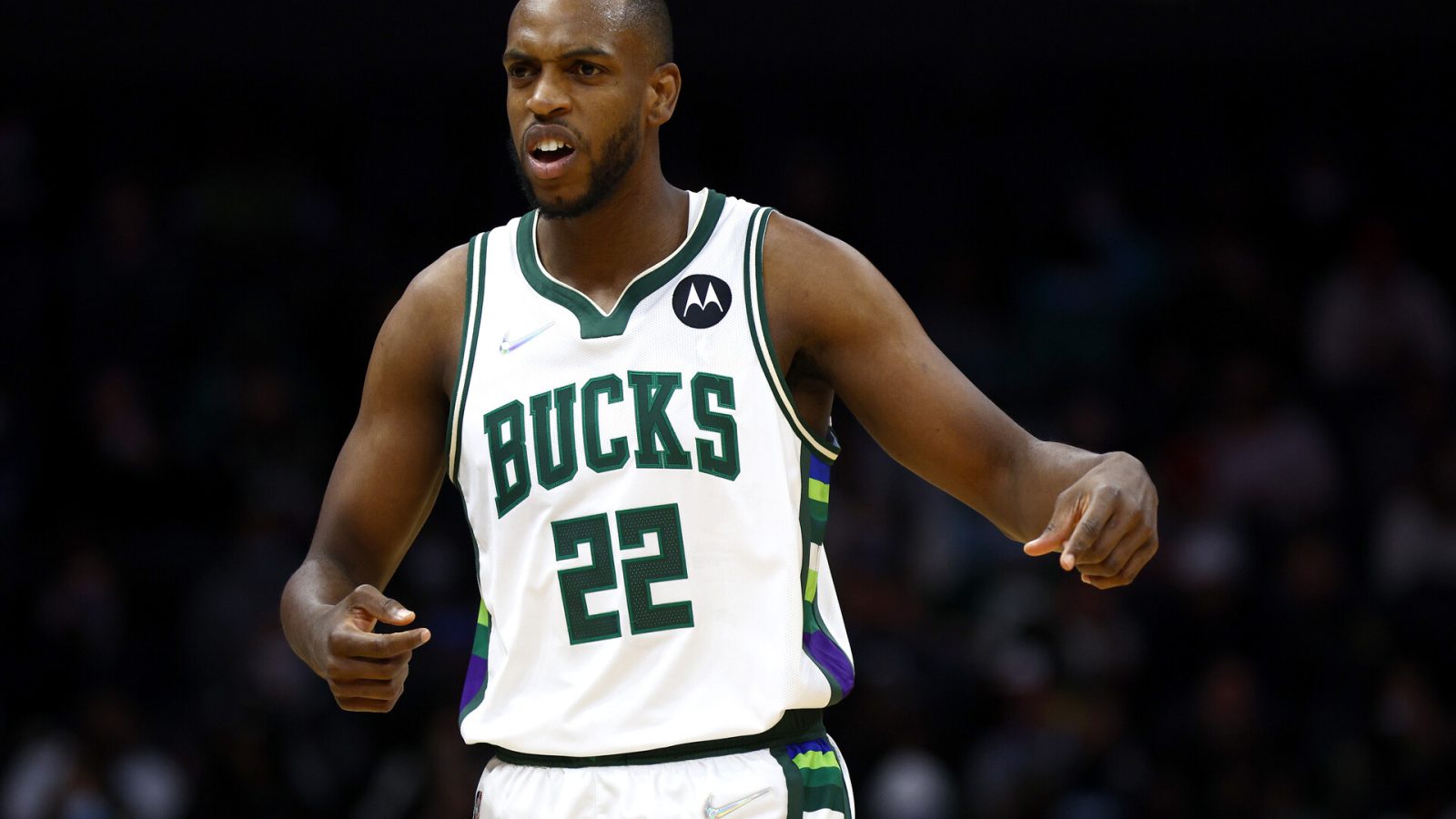 Khris Middleton #22 of the Milwaukee Bucks reacts during the first quarter of the game against the Charlotte Hornetsat Spectrum Center on January 10, 2022 in Charlotte, North Carolina.