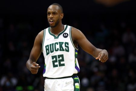 Khris Middleton #22 of the Milwaukee Bucks reacts during the first quarter of the game against the Charlotte Hornetsat Spectrum Center on January 10, 2022 in Charlotte, North Carolina.