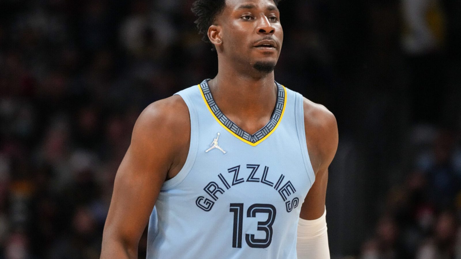 Jaren Jackson Jr. looks on against the Denver Nuggets at Ball Arena on January 21, 2022 in Denver, Colorado.