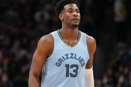 Jaren Jackson Jr. looks on against the Denver Nuggets at Ball Arena on January 21, 2022 in Denver, Colorado.