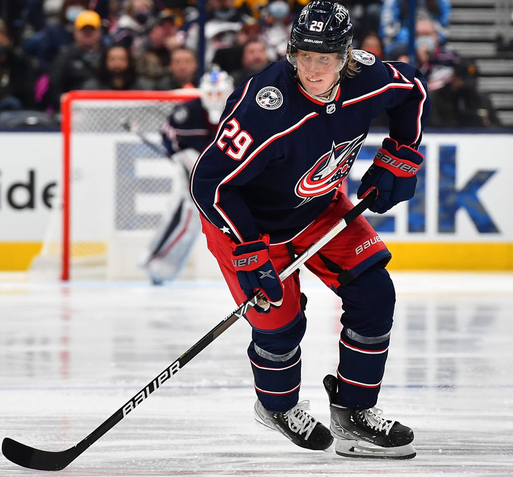Patrik Laine #29 of the Columbus Blue Jackets skates during the third period of a game against the Pittsburgh Penguins at Nationwide Arena on January 21, 2022 in Columbus, Ohio.
