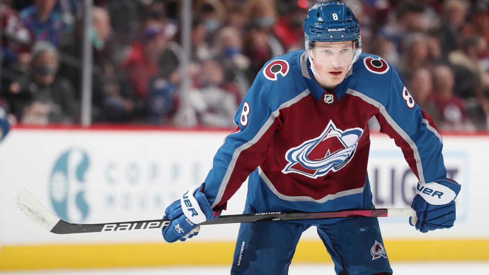 Cale Makar #8 of the Colorado Avalanche awaits a face off against the Montreal Canadiens at Ball Arena on January 22, 2022 in Denver, Colorado.