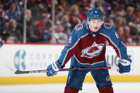Cale Makar #8 of the Colorado Avalanche awaits a face off against the Montreal Canadiens at Ball Arena on January 22, 2022 in Denver, Colorado.