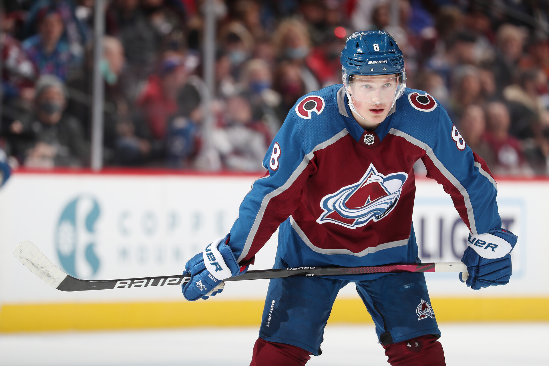 Cale Makar #8 of the Colorado Avalanche awaits a face off against the Montreal Canadiens at Ball Arena on January 22, 2022 in Denver, Colorado.