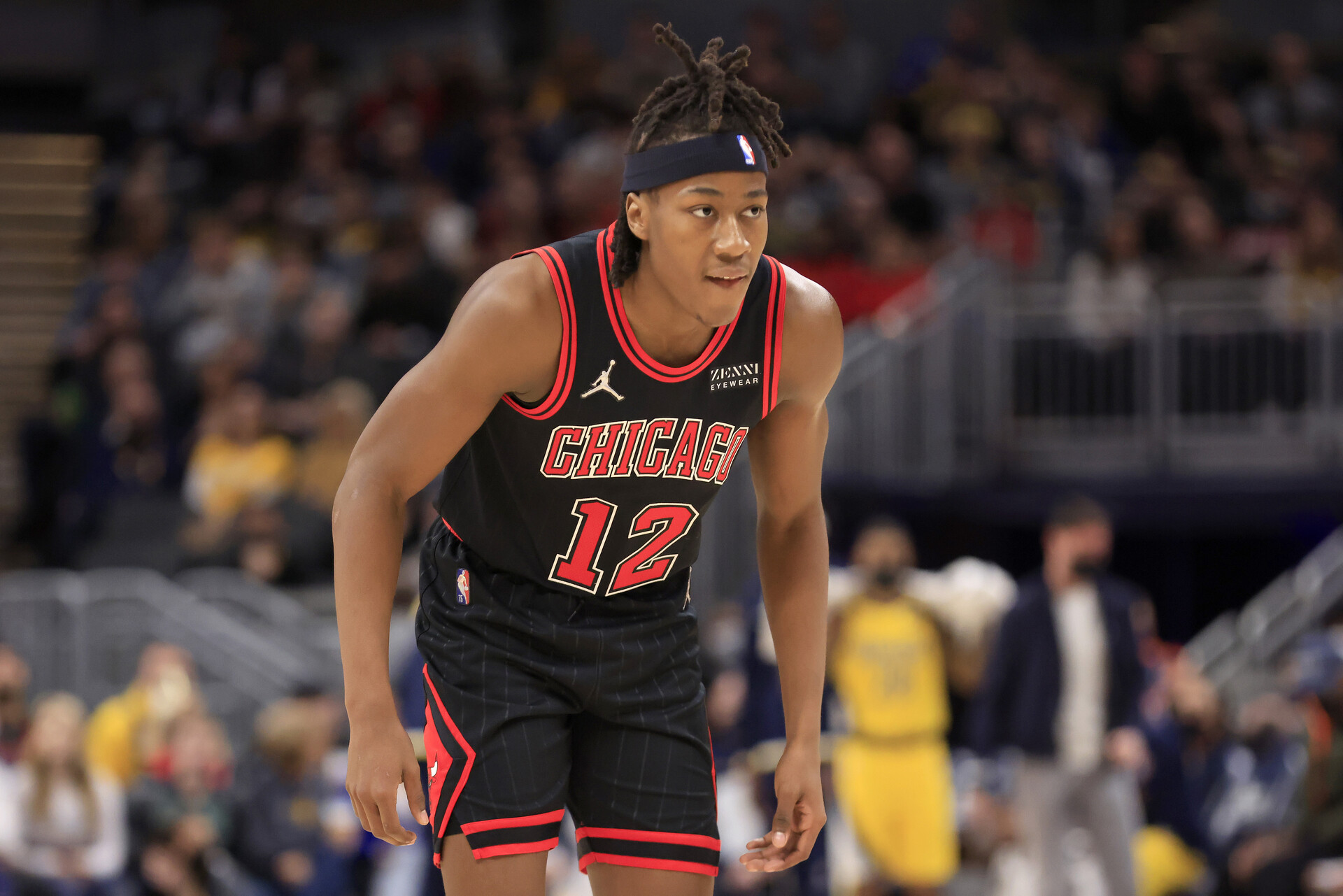 Ayo Dosunmu #12 of the Chicago Bulls in action in the game against the Indiana Pacers at Gainbridge Fieldhouse on December 31, 2021 in Indianapolis, Indiana.