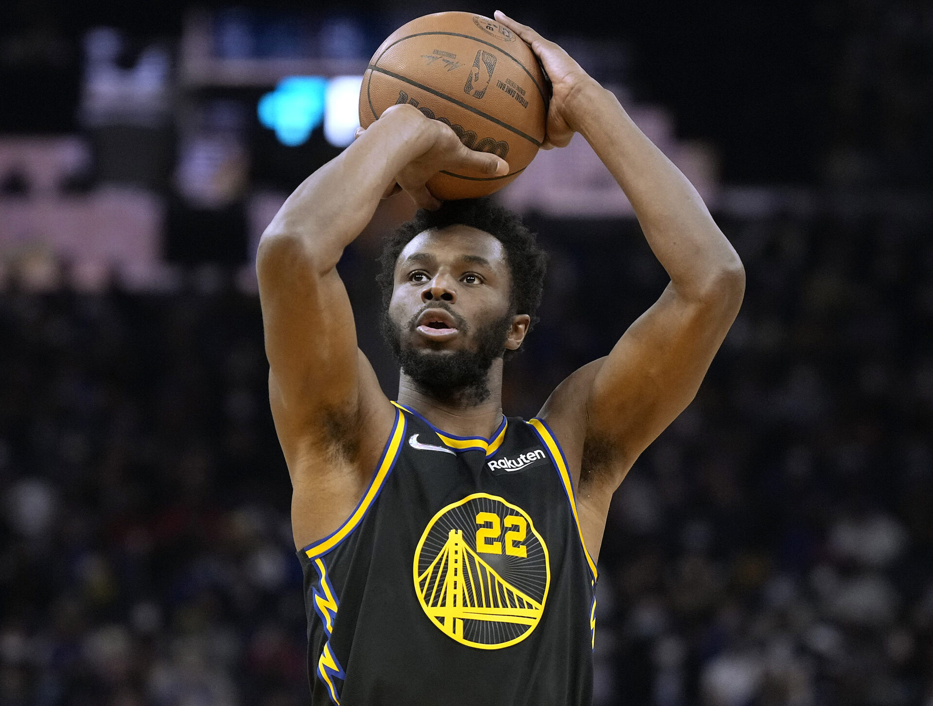 Andrew Wiggins #22 of the Golden State Warriors shoots a foul shot against the Utah Jazz during the first half of an NBA basketball game at Chase Center on January 23, 2022 in San Francisco, California.