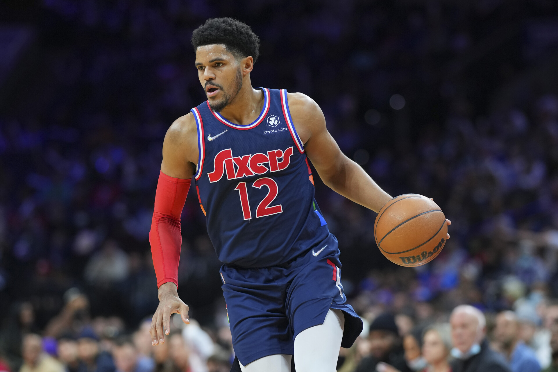 Tobias Harris #12 of the Philadelphia 76ers dribbles the ball against the LA Clippers at the Wells Fargo Center on January 21, 2022 in Philadelphia, Pennsylvania. The LA Clippers defeated the Philadelphia 76ers 102-101.