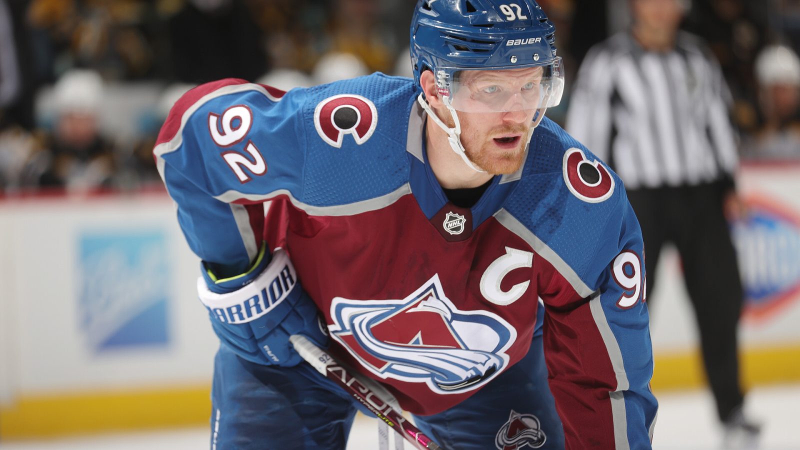 Gabriel Landeskog #92 of the Colorado Avalanche awaits a face off against the Boston Bruins at Ball Arena on January 26, 2022 in Denver, CO.
