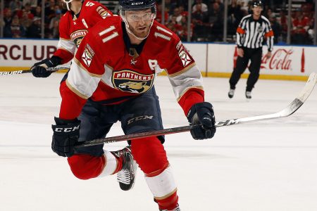 Jonathan Huberdeau #11 of the Florida Panthers skates for position against the Vegas Golden Knights at the FLA Live Arena on January 27, 2022 in Sunrise, Florida