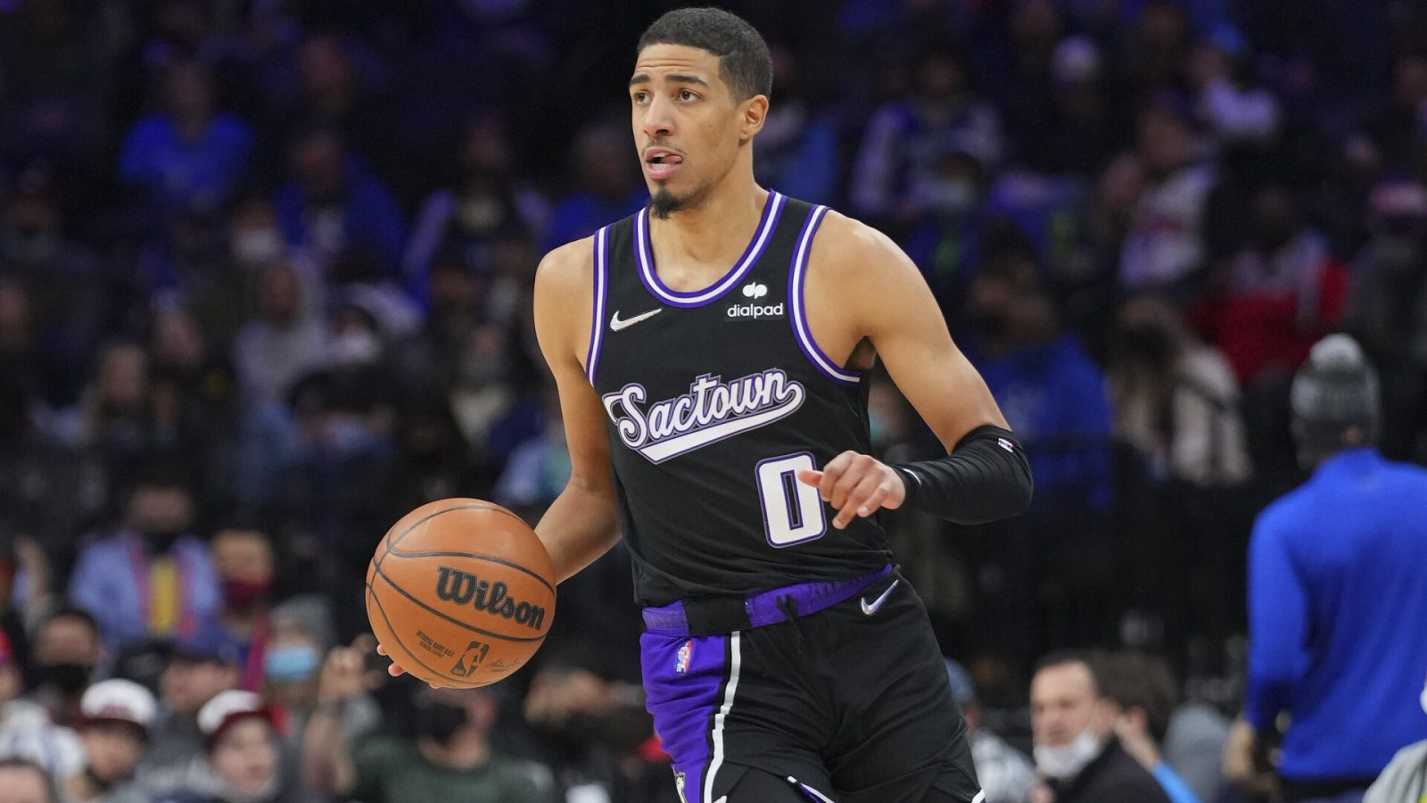 Tyrese Haliburton #0 of the Sacramento Kings dribbles the ball against the Philadelphia 76ers at the Wells Fargo Center on January 29, 2022 in Philadelphia, Pennsylvania. The 76ers defeated the Kings 103-101.