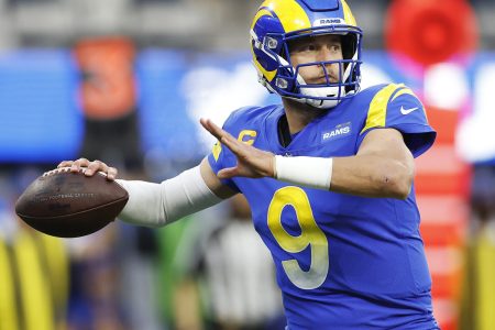 Matthew Stafford #9 of the Los Angeles Rams passes the ball in the NFC Championship Game against the San Francisco 49ers at SoFi Stadium on January 30, 2022 in Inglewood, California.