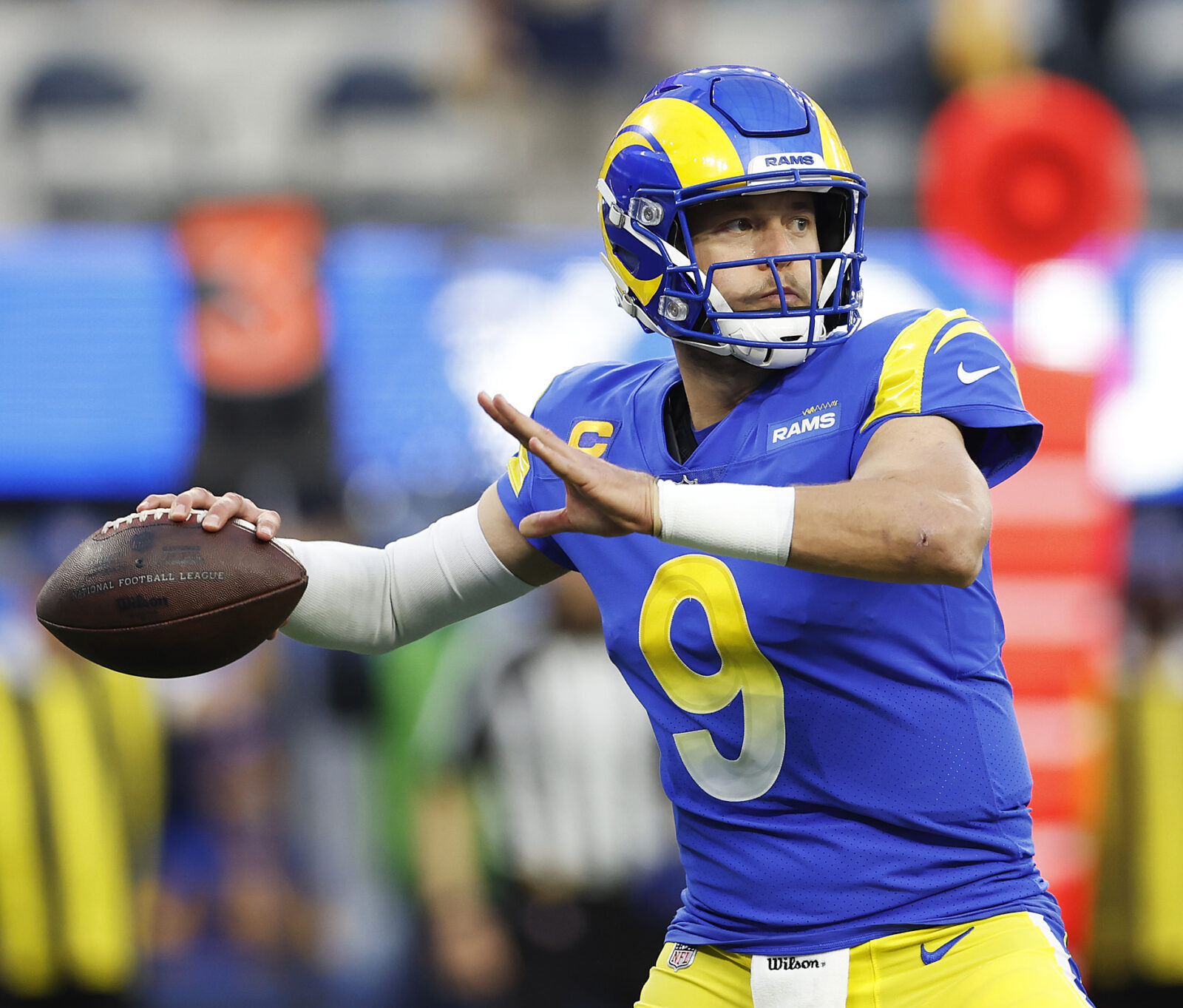 Matthew Stafford #9 of the Los Angeles Rams passes the ball in the NFC Championship Game against the San Francisco 49ers at SoFi Stadium on January 30, 2022 in Inglewood, California.