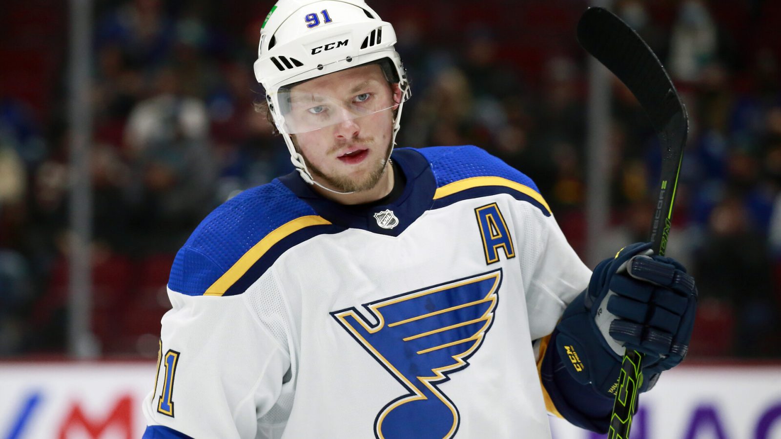 Vladimir Tarasenko #91 of the St. Louis Blues skates up ice during their NHL game against the Vancouver Canucks at Rogers Arena January 23, 2022 in Vancouver, British Columbia, Canada.