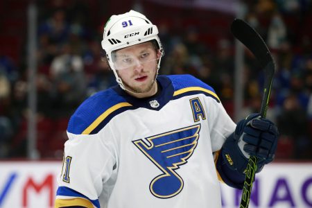 Vladimir Tarasenko #91 of the St. Louis Blues skates up ice during their NHL game against the Vancouver Canucks at Rogers Arena January 23, 2022 in Vancouver, British Columbia, Canada.