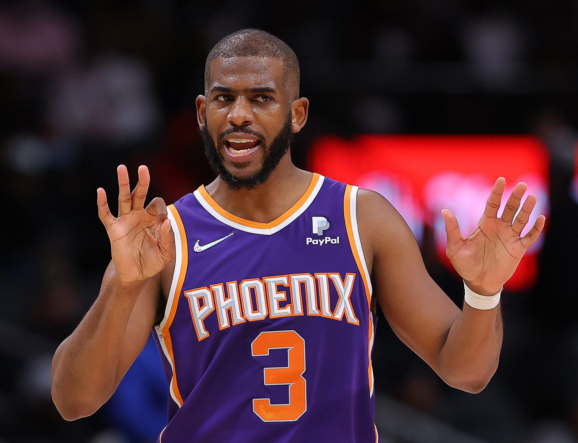 Chris Paul #3 of the Phoenix Suns reacts against the Atlanta Hawks during the second half at State Farm Arena on February 03, 2022 in Atlanta, Georgia.