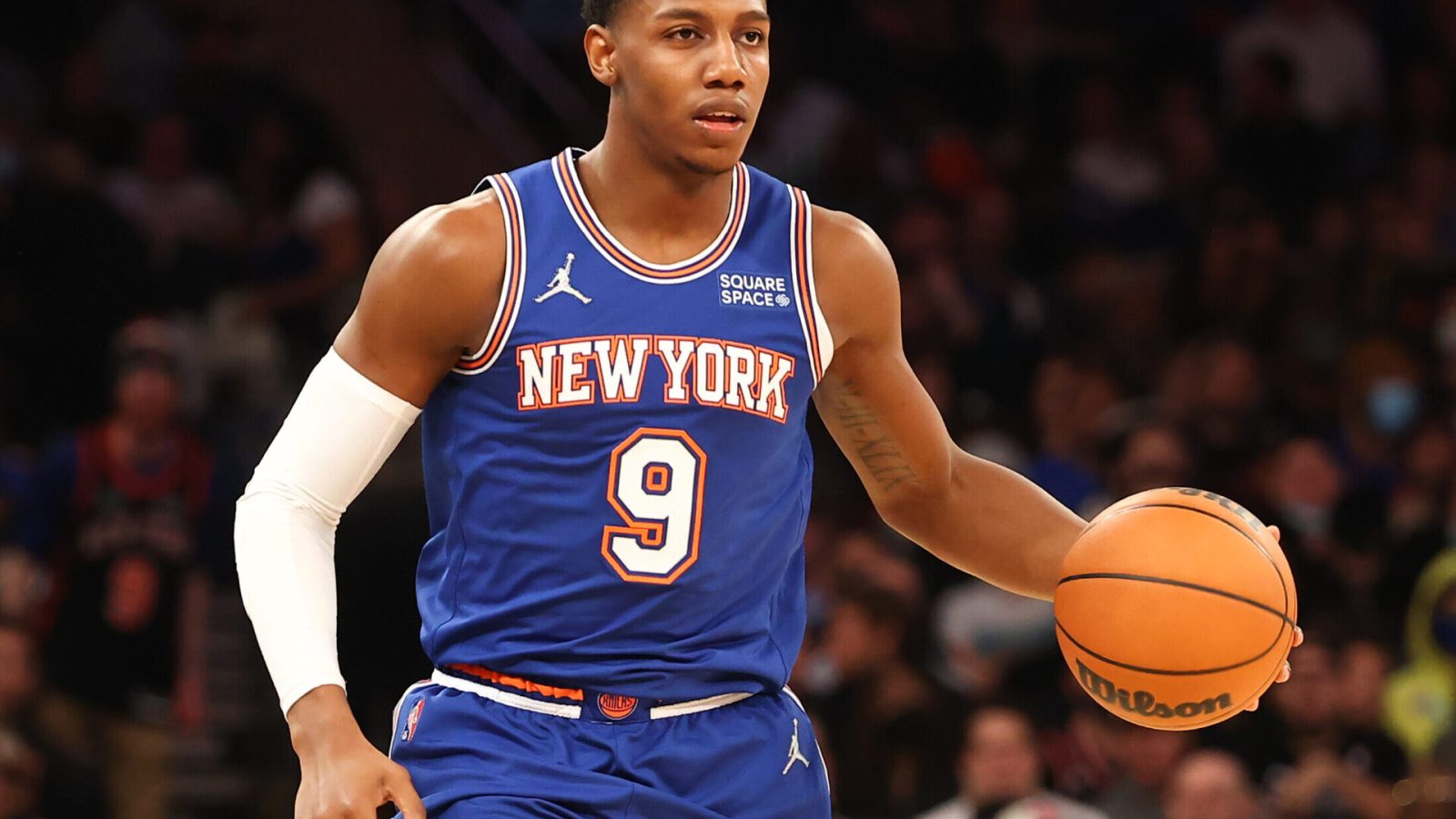RJ Barrett #9 of the New York Knicks against the Memphis Grizzlies on February 2, 2022 at Madison Square Garden in New York City.